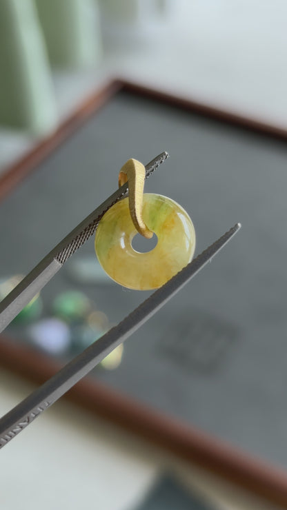 #0428 "Ping An Kou" Icy Vivid Yellow Green Jadeite Jade Mini Donut 18K Yellow Gold Pendant