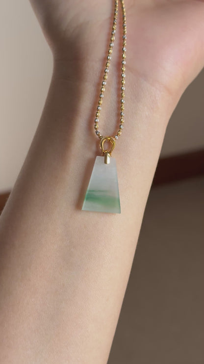 #P0518 "Wushi/Peace" Icy Sun Green White Jadeite Jade Peace 18K Yellow Gold Pendant