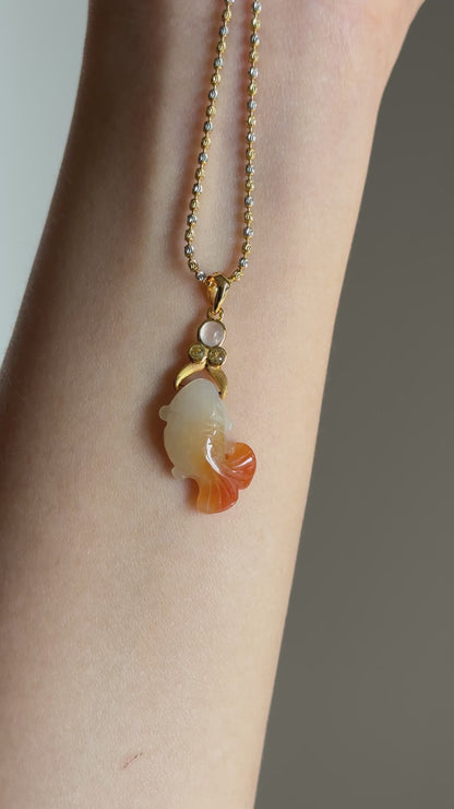 #P0548 "Goldfish" Icy Red Jadeite Jade 18K Yellow Gold Pendant
