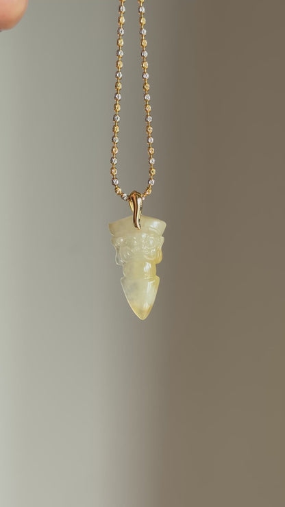 #P0529 “Vajra/Thunderbolt“ Icy Yellow Jadeite Jade 18K Yellow Gold Pendant