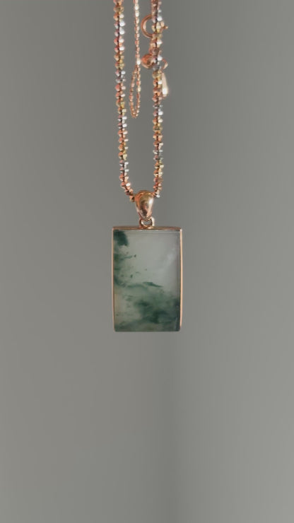 #P0486 "Wushi/Peace" Highly Icy Bluish Green Jadeite Jade Peace 18K Rose Gold Pendant