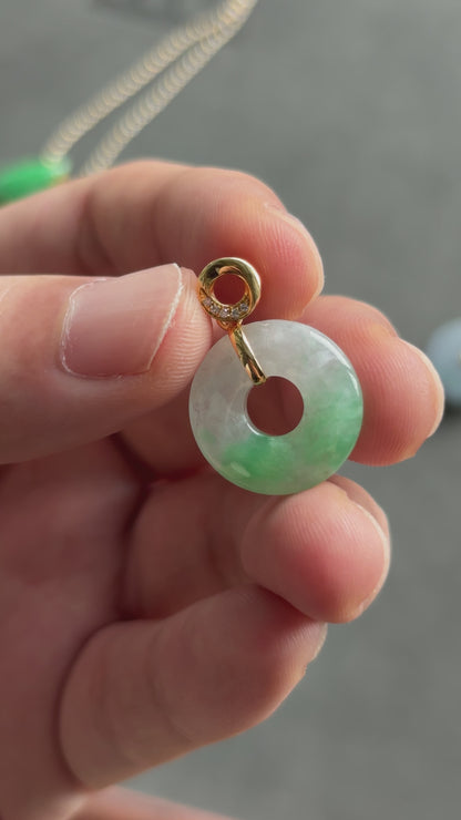 #0464 "Bi" Icy Bright Sun Green Flower Jadeite Jade Donut 18K Yellow Gold Pendant
