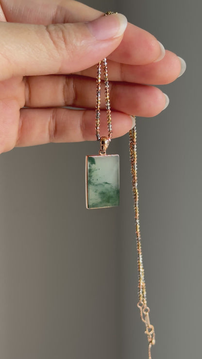 #P0486 "Wushi/Peace" Highly Icy Bluish Green Jadeite Jade Peace 18K Rose Gold Pendant