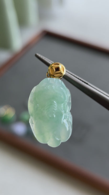 #0437 "Pixiu" Icy Apple Green Jadeite Jade 18K Yellow Gold Pendant