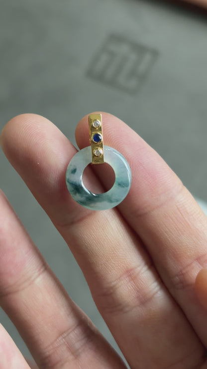 #0451 "Bi" Icy Blue Jadeite Jade Donut 18K Yellow Gold Sapphire VS Diamonds Pendant