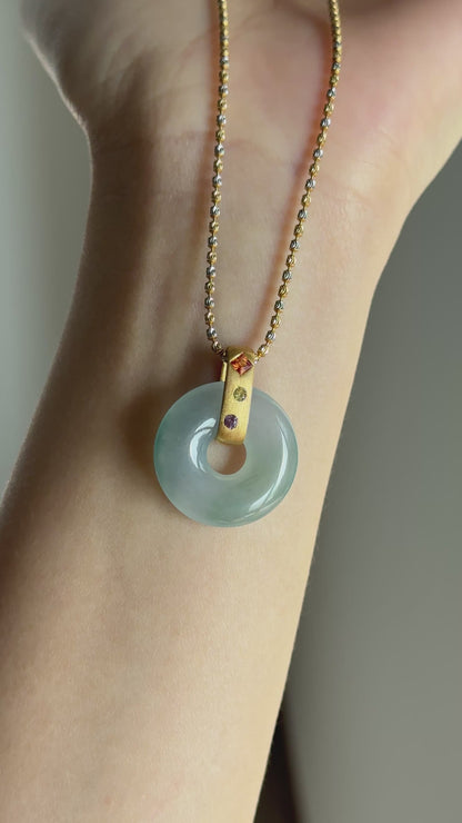 #P0544 "Bi" Icy Blue Green Jadeite Jade Donut 18K Yellow Gold Pendant