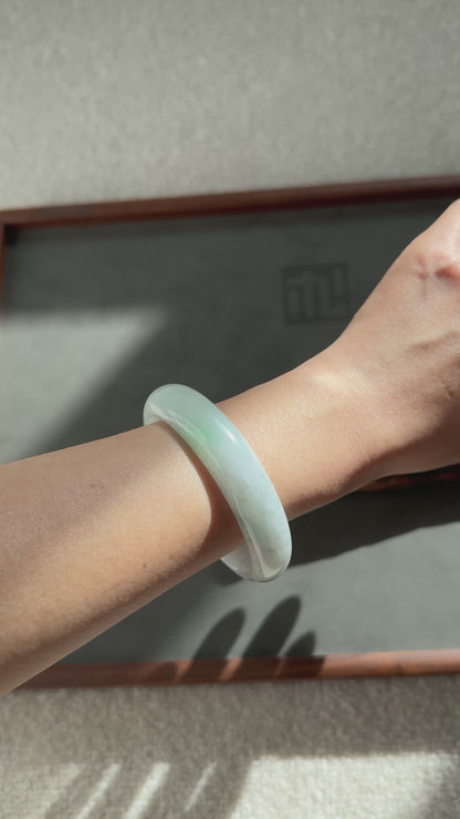 #0324 Icy White Sun Green Spot Jade Bangle Size 57.3