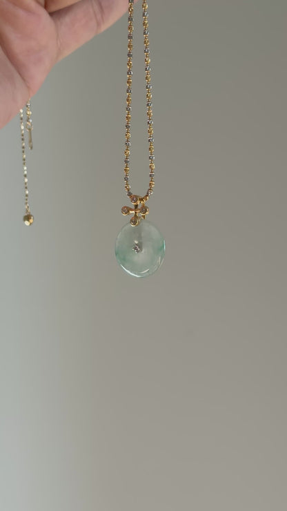 #P0571 "Blossom Bi" Highly Icy White Sun Green Jadeite Jade Donut 18K Yellow Gold Pendant