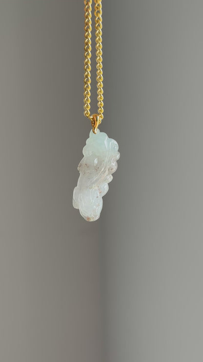 #P0552 "Chi Dragon" Icy Light Green Red Brown Flecks Jadeite Jade 18K Yellow Gold Pendant