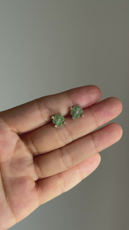 #E0306 "Blossom" Icy Green Jadeite Jade Diamonds 18K Yellow Gold Earrings