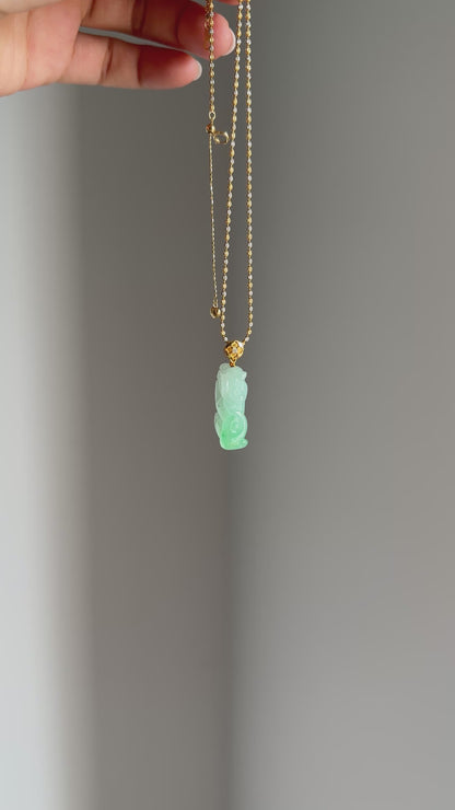 #P0550 "Pixiu" Icy Vivid Sun Green Jadeite Jade 18K Yellow Gold Pendant