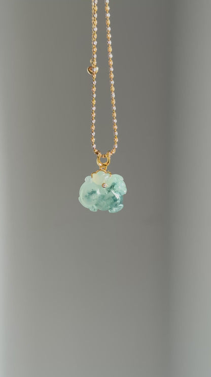 #P0505 "Tang Horse" Icy Blue Flower Jadeite Jade 18K Yellow Gold Pendant