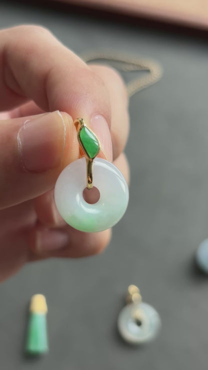#0459 "Bi" Icy Sun Green Light Lavender Jadeite Jade Donut 18K Yellow Gold Pendant