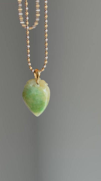 #P0479 "Fortune Peach" Yellow and Sun Green Jadeite Jade 18K Yellow Gold Pendant