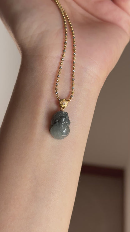 #P0528 "Pixiu" Icy Black & White Ink Wu Ji Jadeite Jade 18K Yellow Gold Pendant