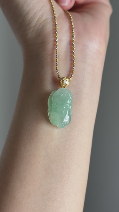 #P0494 "Pixiu" Highly Icy Green Jadeite Jade 18K Yellow Gold Pendant