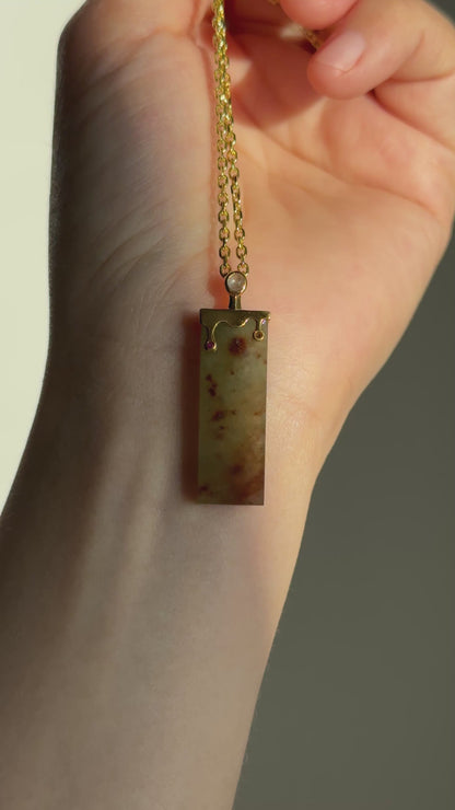 #P0559 "Wushi/Peace" Icy Red Yellow Green Jadeite Jade Peace 18K Yellow Gold Pendant
