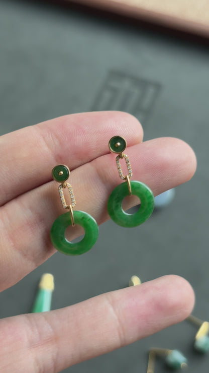 #E0302 "Bi" Icy Rich Vivid Green Jadeite Jade 18K Yellow Gold Earrings