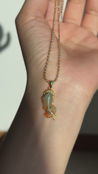 #P0562 "Goldfish" Icy Orange Red Jadeite Green Jade 18K Yellow Gold Pendant
