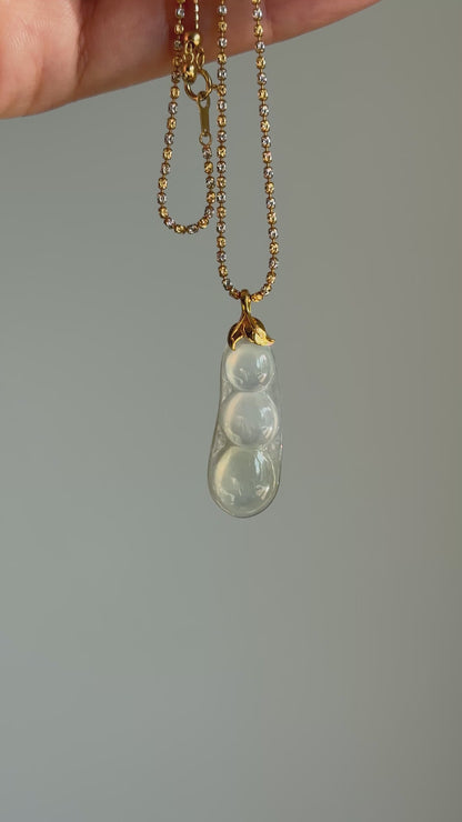 #P0489 "Fortune Bean" Highly Icy White with Light Green Tone Jadeite Jade 18K Yellow Gold Pendant