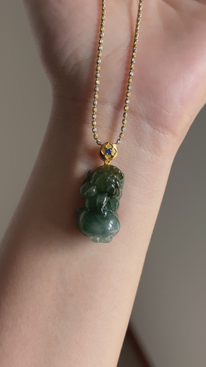 #P0523 "Pixiu" Icy Rich Blue Water Green Yellow Jadeite Jade 18K Yellow Gold Pendant