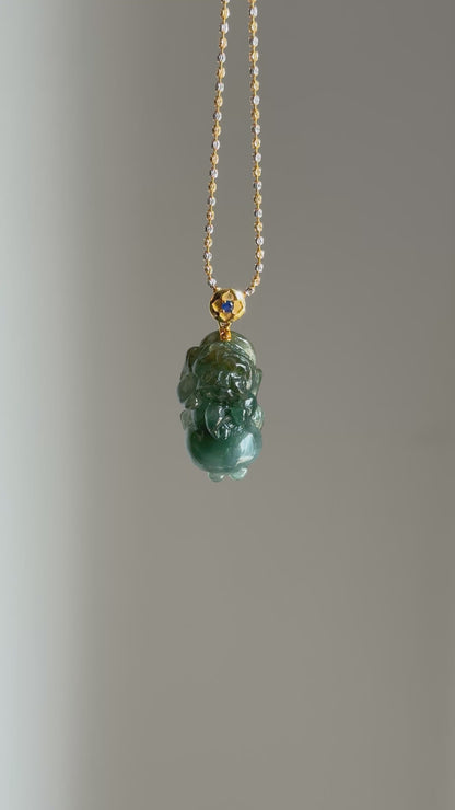 #P0523 "Pixiu" Icy Rich Blue Water Green Yellow Jadeite Jade 18K Yellow Gold Pendant