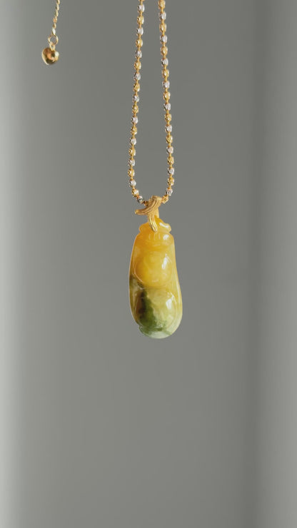 #P0509 "Freeform Fortune Bean" Golden Yellow Green Jadeite Jade 18K Yellow Gold Pendant