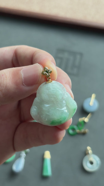 #0462 Icy Sun Green Jadeite Jade Buddha 18K Yellow Gold Pendant