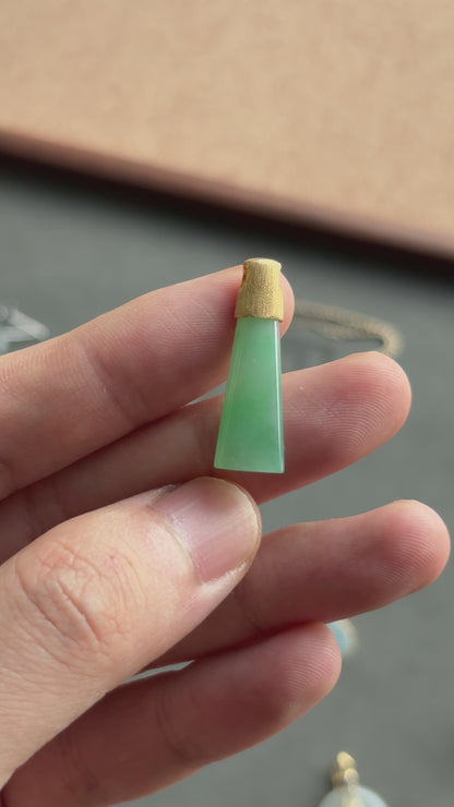 #0458 "Wushi/Peace" Icy Lotus Green Jadeite Jade 18K Yellow Gold Pendant