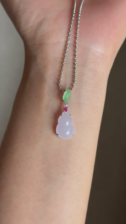 #P0537 "Hulu/Gourd" Icy Pink Lavender & Sun Green Jadeite Jade 18K White Gold Pendant