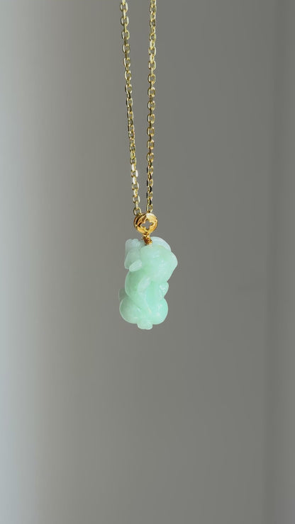 #P0499 "Pixiu" Light Apple Green Jadeite Jade 18K Yellow Gold Pendant