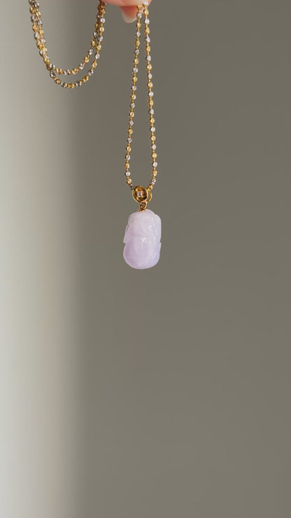 #P0497 "Pixiu" Icy Pink Lavender Jadeite Jade 18K Yellow Gold Pendant