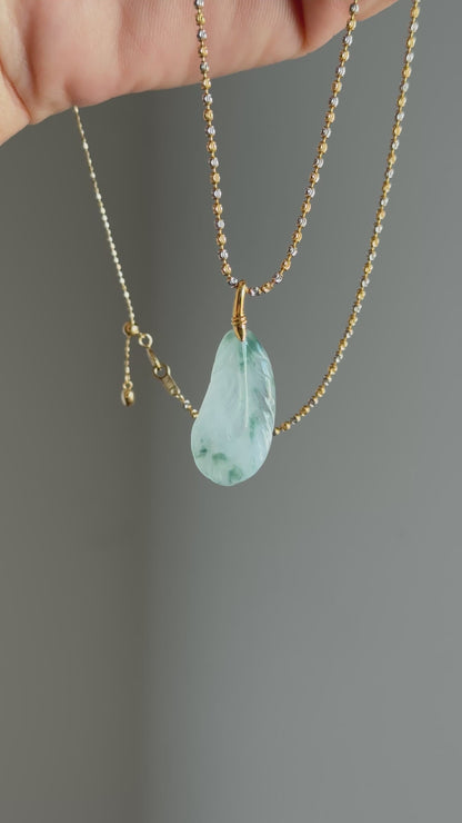 #P0558 "Feather" Icy Green Flower Jadeite Jade Feather 18K Yellow Gold Pendant