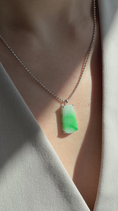 #0472 "WuShi/Peace" Sun Green Jadeite Jade 18K White Gold Pendant