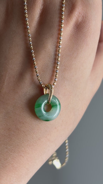 #P0480 "Bi" Icy Imperial Sun Green Jadeite Jade Donut 18K Yellow Gold Pendant