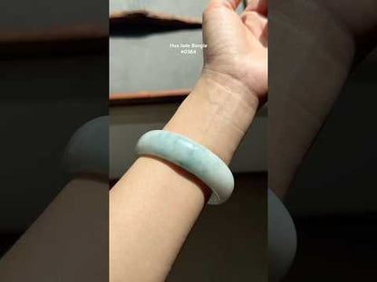 #0384 Icy Bluish Green Flower Wide Jade Bangle Size 61.7