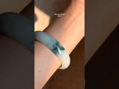 #0421 Icy Bluish Green Flower Jade Bangle Size 60.5