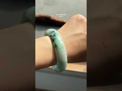 #0377 Sun Green Ink Flower Wide Jade Bangle Size 59.4