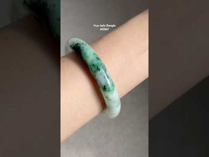 #0367 Icy Rich Green Flower White Jade Bangle Size 57.1 (fits up to 58)